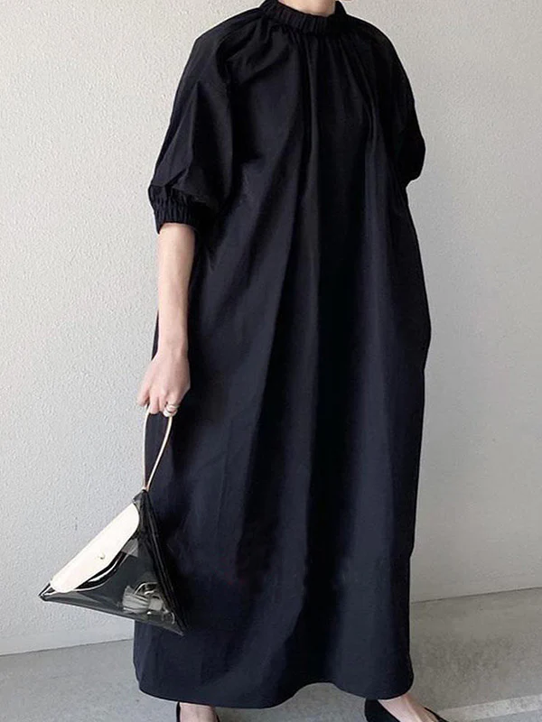 Simple Solid Color Stand Collar Loose Half Sleeve Dress - Image 2