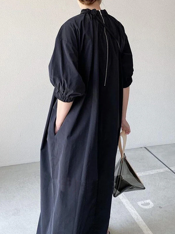 Simple Solid Color Stand Collar Loose Half Sleeve Dress - Image 3