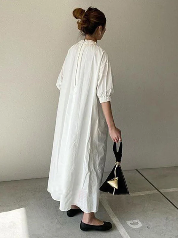 Simple Solid Color Stand Collar Loose Half Sleeve Dress - Image 4