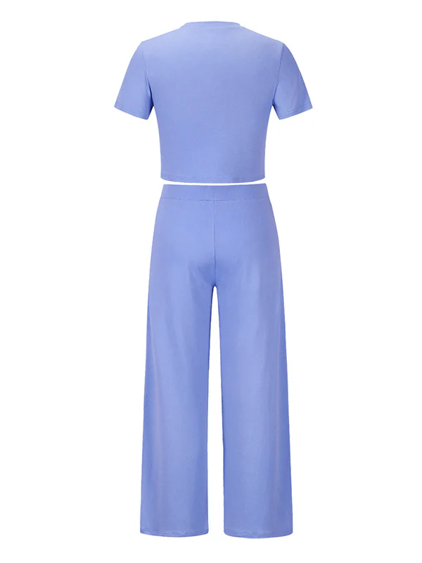 Simple Solid Color T-Shirt & Pants Two Pieces Set - Image 17