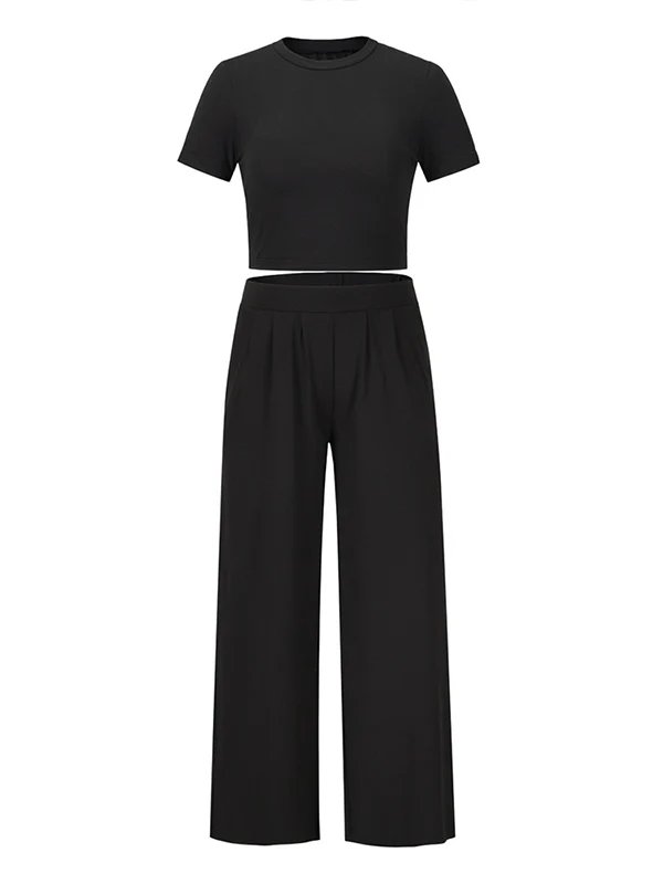 Simple Solid Color T-Shirt & Pants Two Pieces Set - Image 18