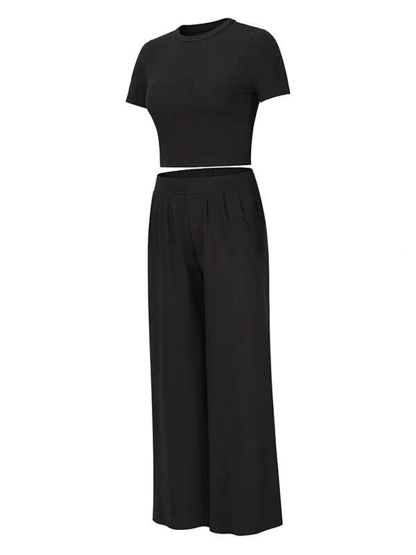Simple Solid Color T-Shirt & Pants Two Pieces Set - Image 19