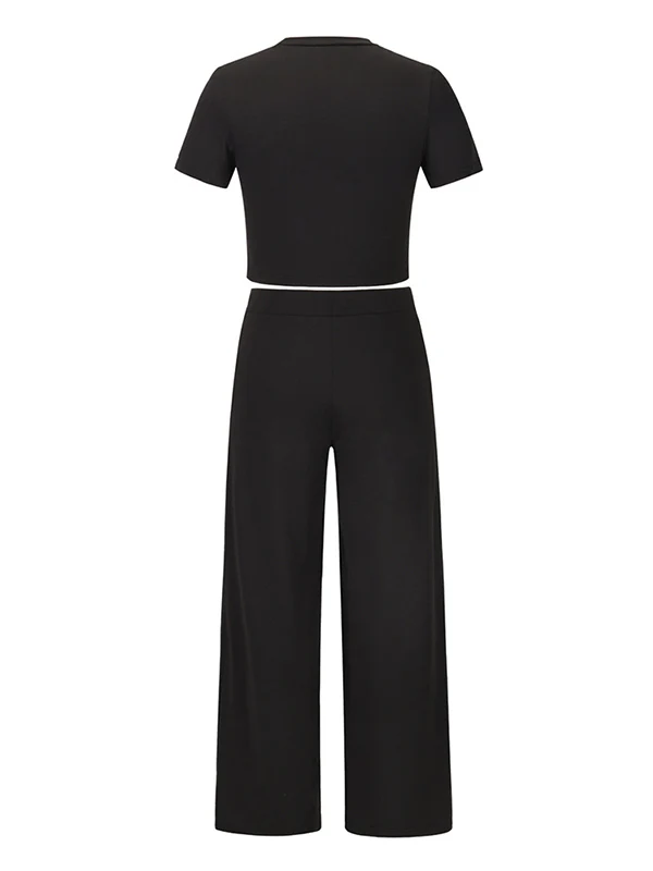 Simple Solid Color T-Shirt & Pants Two Pieces Set - Image 20
