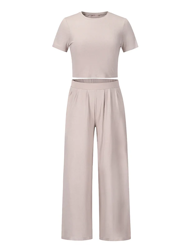 Simple Solid Color T-Shirt & Pants Two Pieces Set - Image 21