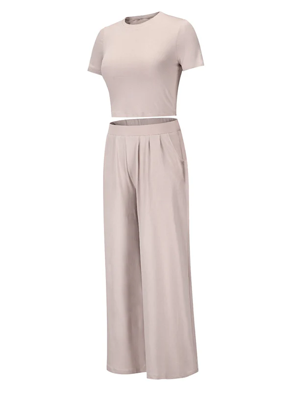 Simple Solid Color T-Shirt & Pants Two Pieces Set - Image 22
