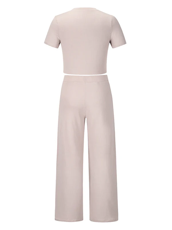 Simple Solid Color T-Shirt & Pants Two Pieces Set - Image 23