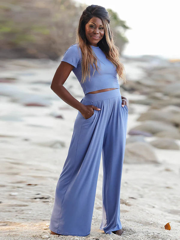 Simple Solid Color T-Shirt & Pants Two Pieces Set - Image 3