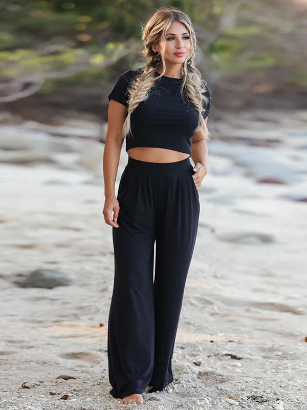 Simple Solid Color T-Shirt & Pants Two Pieces Set - Image 5