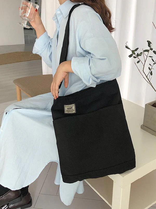 Simple Solid Color With-pockets Canvas Handbag - Image 10