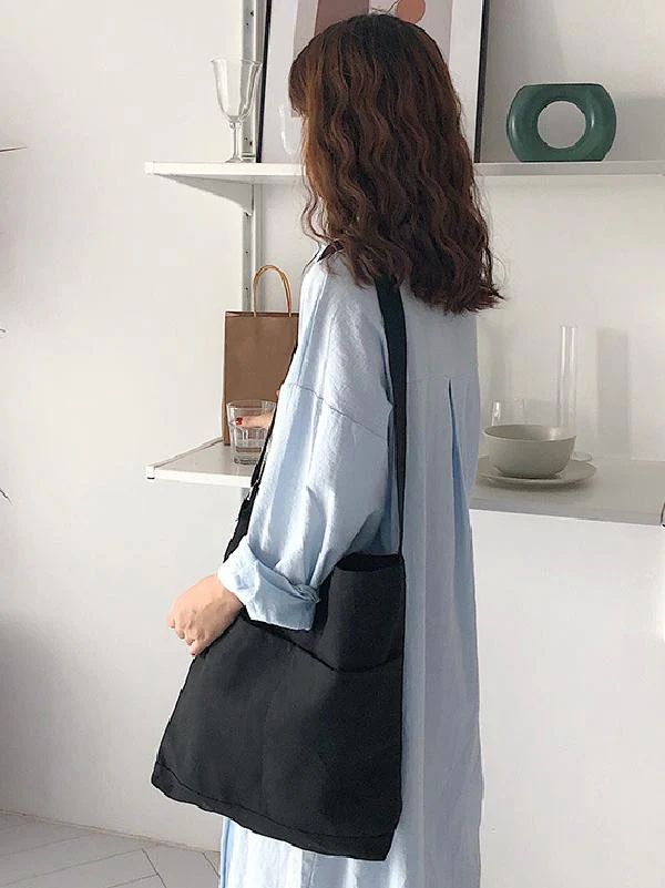 Simple Solid Color With-pockets Canvas Handbag - Image 11