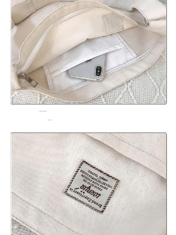 Simple Solid Color With-pockets Canvas Handbag - Image 12