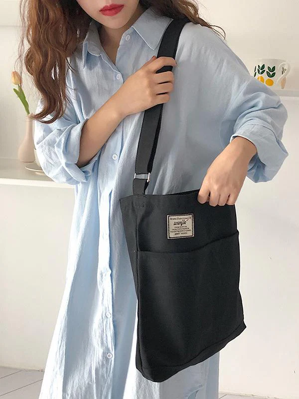 Simple Solid Color With-pockets Canvas Handbag - Image 2
