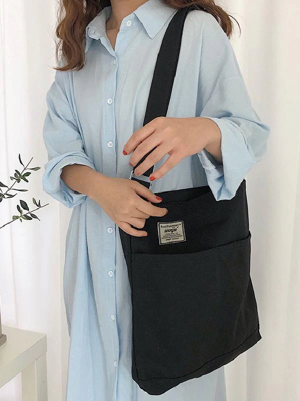Simple Solid Color With-pockets Canvas Handbag - Image 3