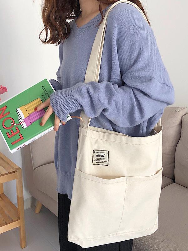 Simple Solid Color With-pockets Canvas Handbag - Image 4