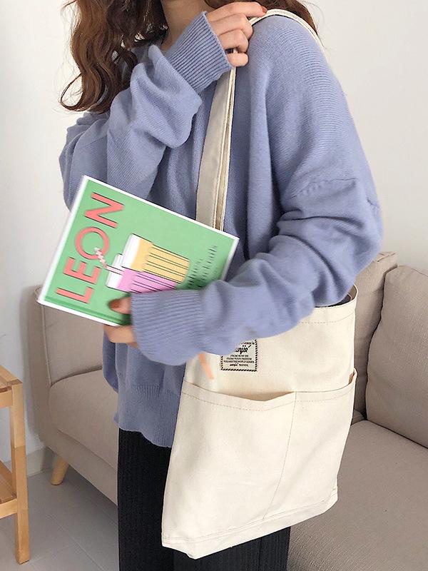 Simple Solid Color With-pockets Canvas Handbag - Image 6