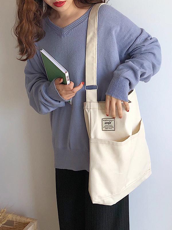 Simple Solid Color With-pockets Canvas Handbag - Image 7