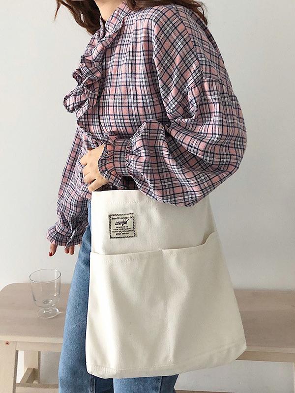 Simple Solid Color With-pockets Canvas Handbag - Image 8