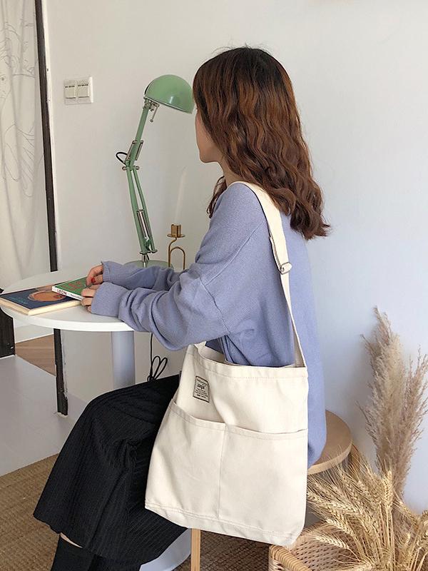 Simple Solid Color With-pockets Canvas Handbag - Image 9