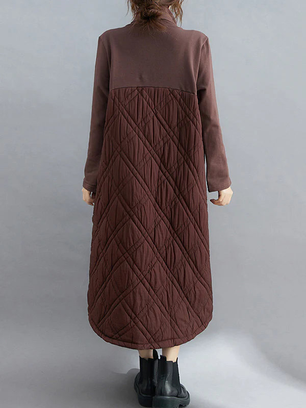Simple Split-Joint High-Neck H-Line Quilted Midi Dress - Image 10