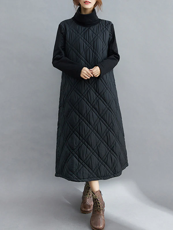 Simple Split-Joint High-Neck H-Line Quilted Midi Dress - Image 11