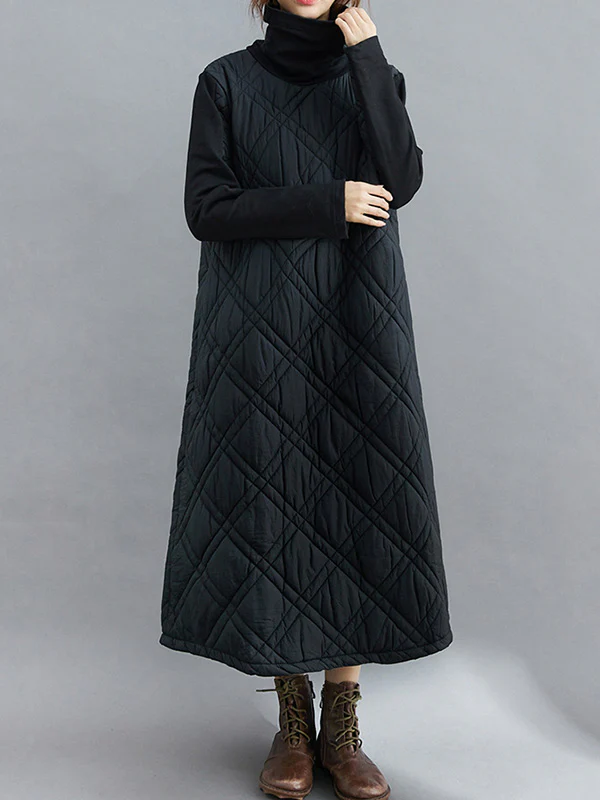 Simple Split-Joint High-Neck H-Line Quilted Midi Dress - Image 12