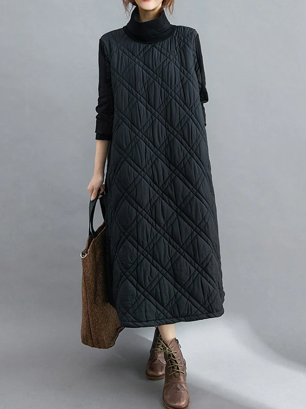 Simple Split-Joint High-Neck H-Line Quilted Midi Dress - Image 13