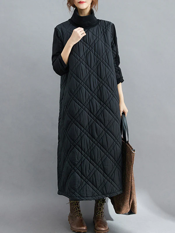 Simple Split-Joint High-Neck H-Line Quilted Midi Dress - Image 14
