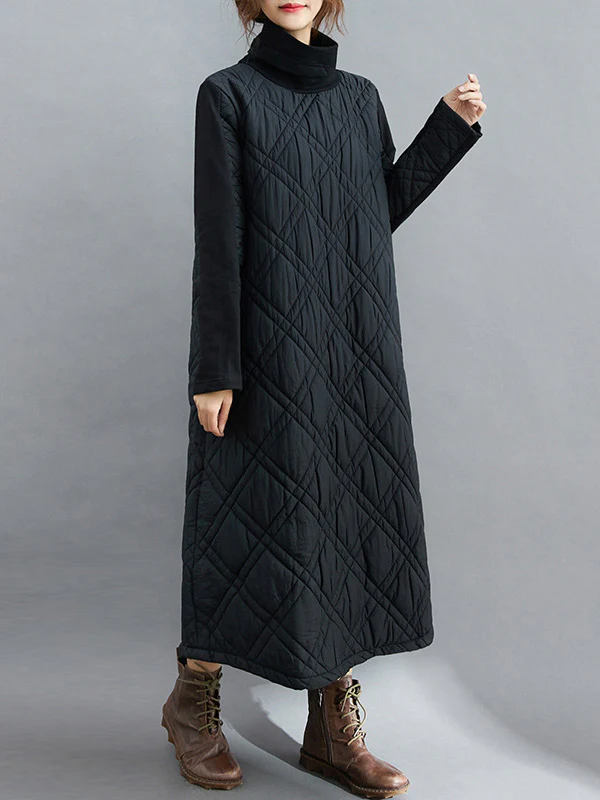 Simple Split-Joint High-Neck H-Line Quilted Midi Dress - Image 15