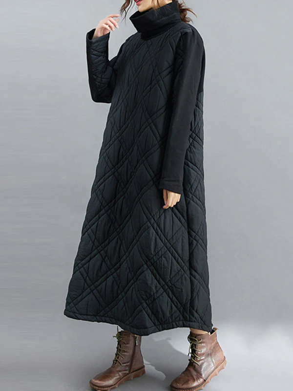 Simple Split-Joint High-Neck H-Line Quilted Midi Dress - Image 16