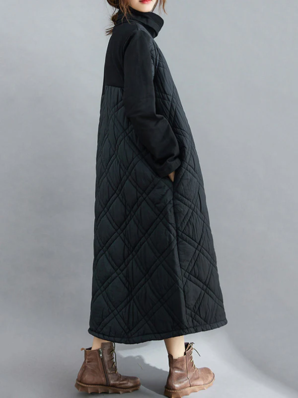 Simple Split-Joint High-Neck H-Line Quilted Midi Dress - Image 17