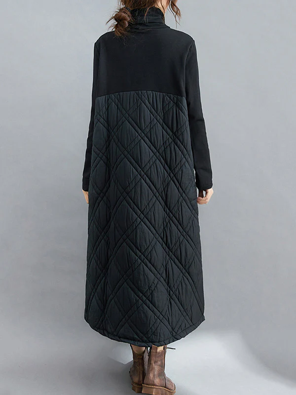 Simple Split-Joint High-Neck H-Line Quilted Midi Dress - Image 18