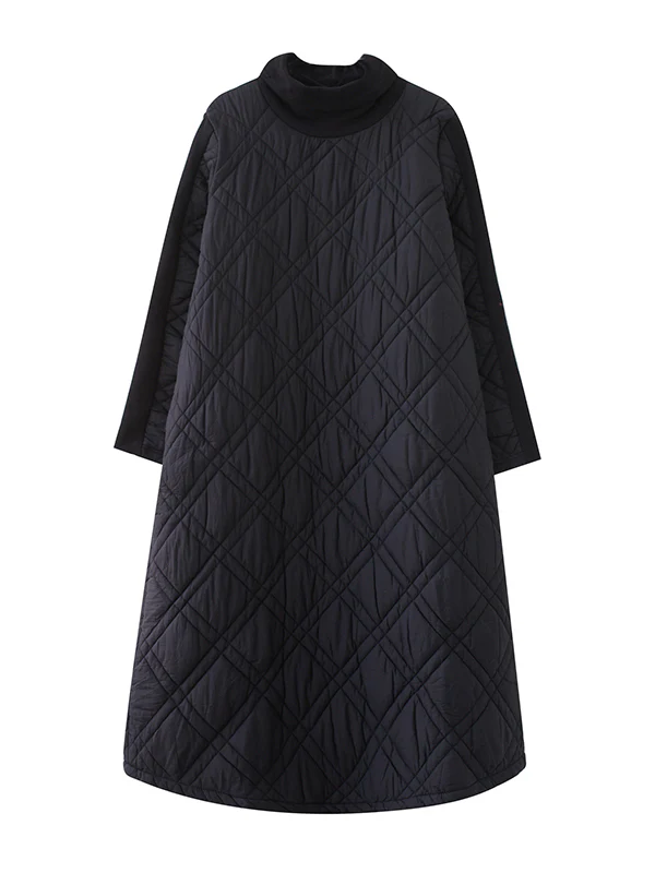 Simple Split-Joint High-Neck H-Line Quilted Midi Dress - Image 19
