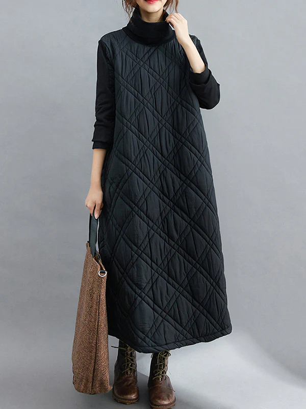 Simple Split-Joint High-Neck H-Line Quilted Midi Dress - Image 2