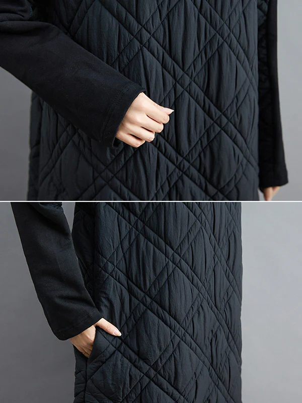 Simple Split-Joint High-Neck H-Line Quilted Midi Dress - Image 21