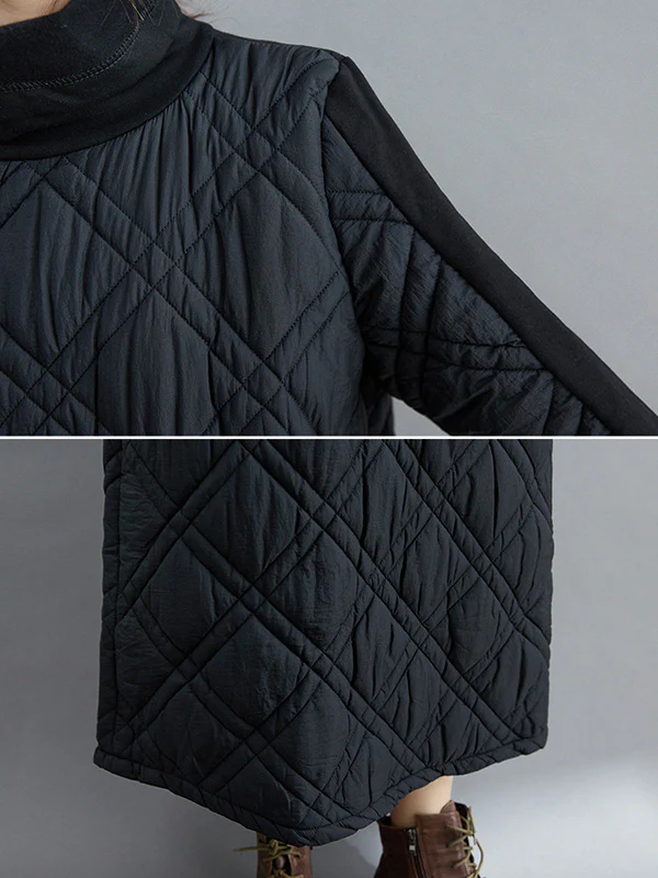 Simple Split-Joint High-Neck H-Line Quilted Midi Dress - Image 22