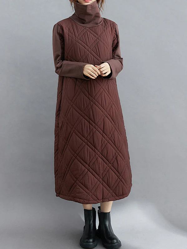 Simple Split-Joint High-Neck H-Line Quilted Midi Dress - Image 3