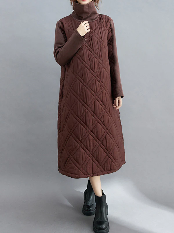 Simple Split-Joint High-Neck H-Line Quilted Midi Dress - Image 4