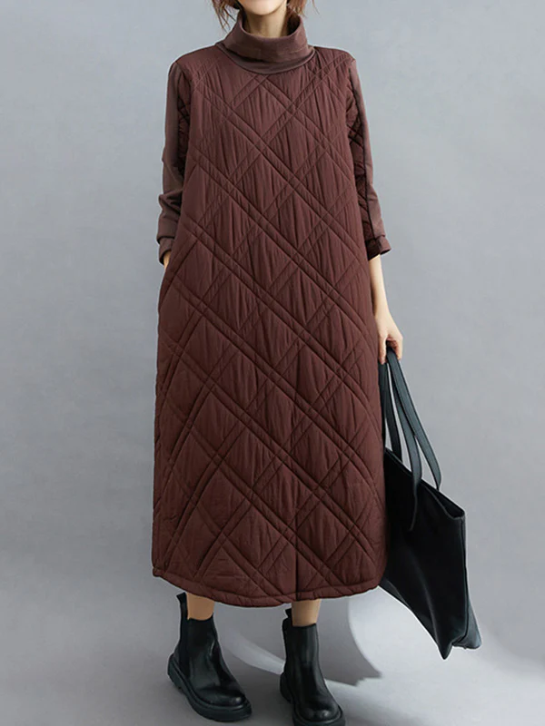 Simple Split-Joint High-Neck H-Line Quilted Midi Dress - Image 5