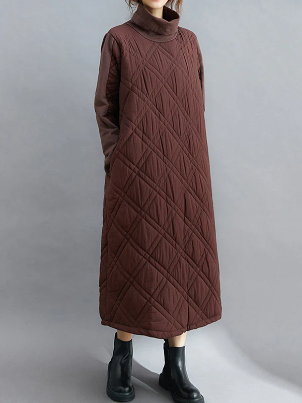 Simple Split-Joint High-Neck H-Line Quilted Midi Dress - Image 6