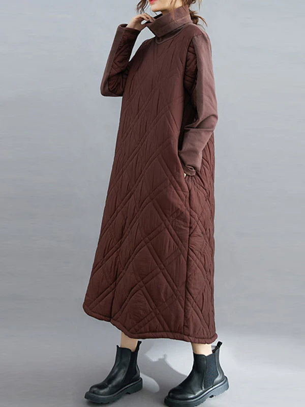 Simple Split-Joint High-Neck H-Line Quilted Midi Dress - Image 7