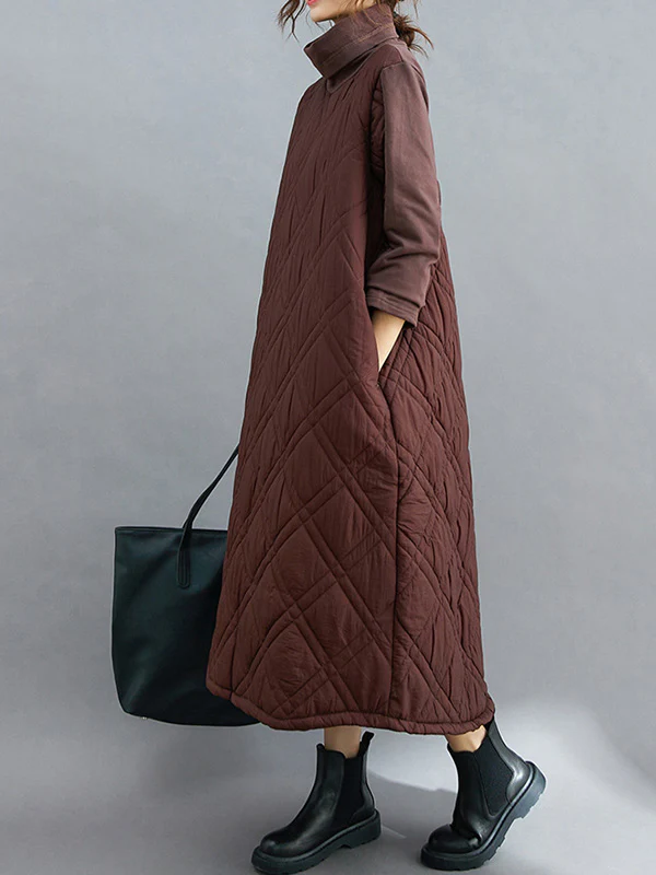 Simple Split-Joint High-Neck H-Line Quilted Midi Dress - Image 8