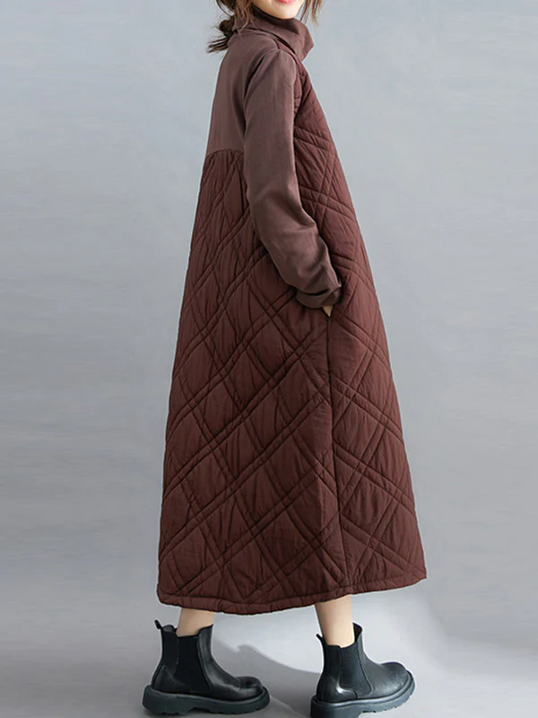 Simple Split-Joint High-Neck H-Line Quilted Midi Dress - Image 9