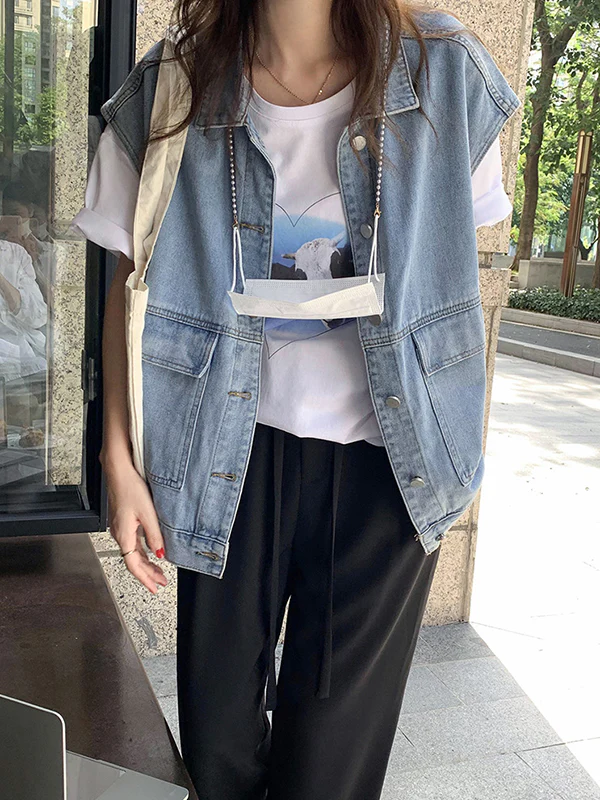 Simple Split-Joint Solid Color Denim Vest Outerwear - Image 12