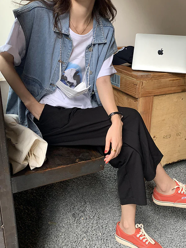 Simple Split-Joint Solid Color Denim Vest Outerwear - Image 13
