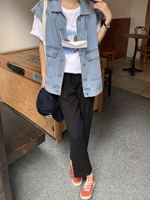 Simple Split-Joint Solid Color Denim Vest Outerwear - Image 14