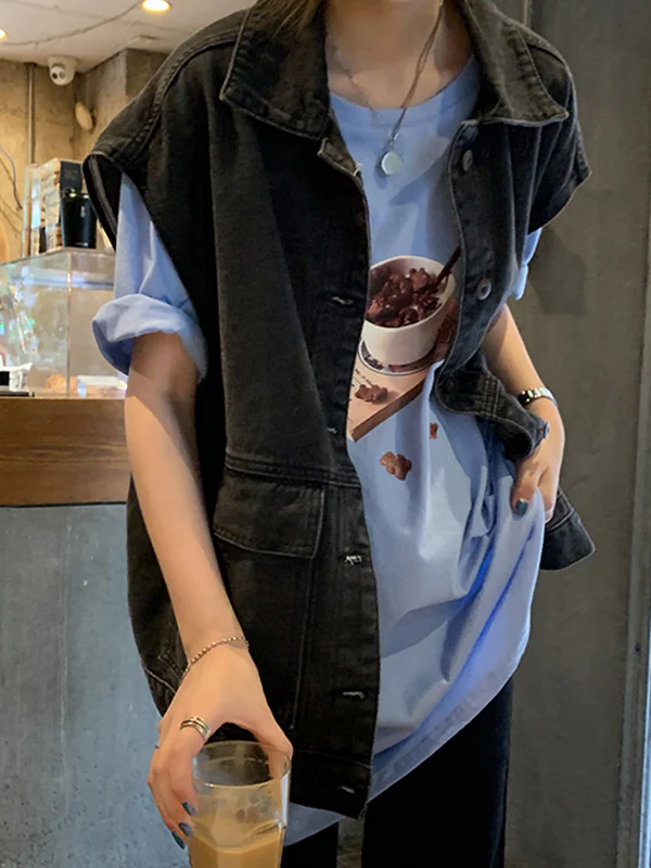 Simple Split-Joint Solid Color Denim Vest Outerwear - Image 2