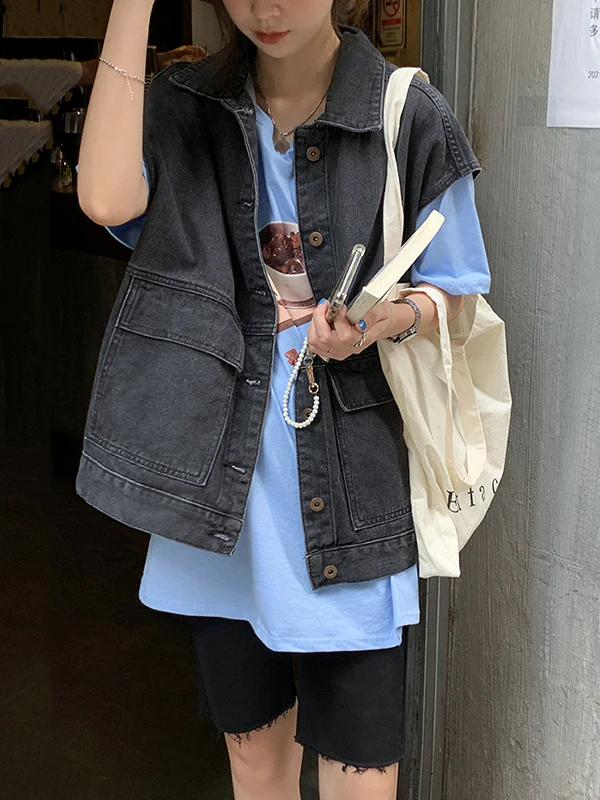 Simple Split-Joint Solid Color Denim Vest Outerwear - Image 3