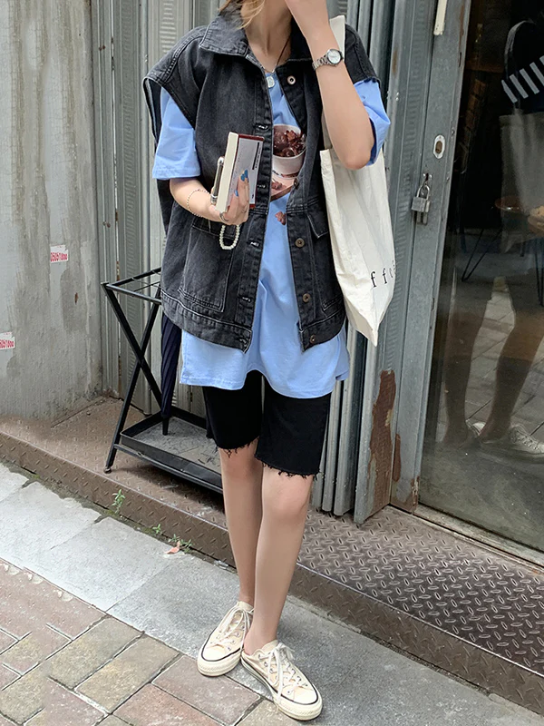 Simple Split-Joint Solid Color Denim Vest Outerwear - Image 7