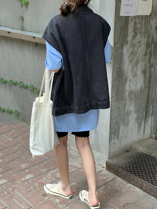 Simple Split-Joint Solid Color Denim Vest Outerwear - Image 8