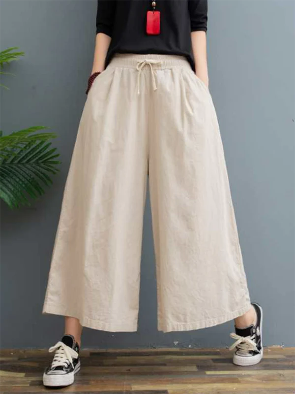 Simple Wide Leg Loose Drawstring Solid Color Casual Pants Bottoms - Image 3